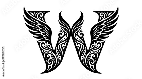 Creative Letter W Black Silhouette Vector with Symmetrical Wing-Inspired Cutouts, Elegant Decorative Details and Premium Minimalist Design