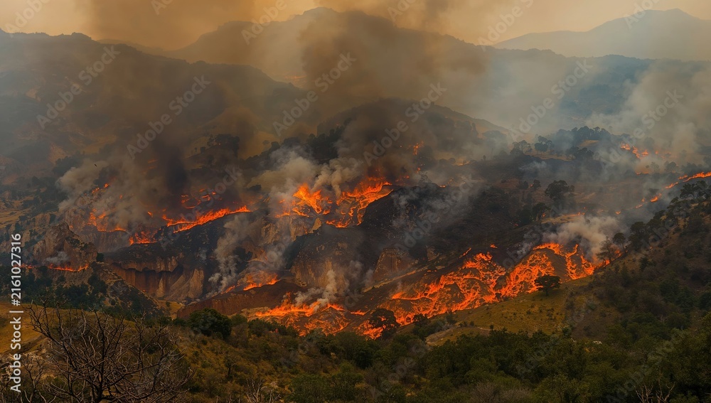 Fototapeta premium Wildfire Sweeping Across Mountainous Landscape with Smoke and Flames