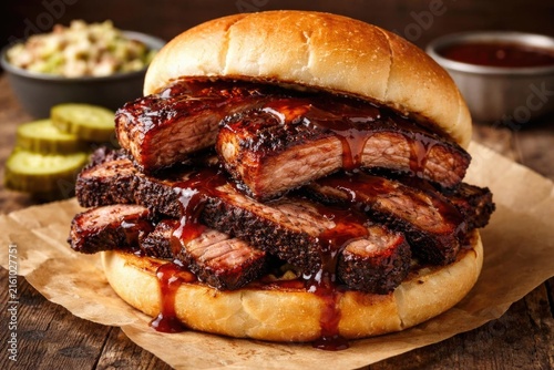 BBQ Brisket Sandwich Stacked High with Sauce and Pickles on Rustic Wood Table