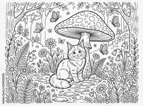 Whimsical illustration of a cat sitting under a large mushroom in a magical forest scene
