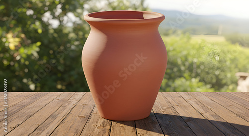 Terracotta vase standing on wooden surface with blurred garden background. Classic, rustic, earthenware pot positioned on outdoor deck.