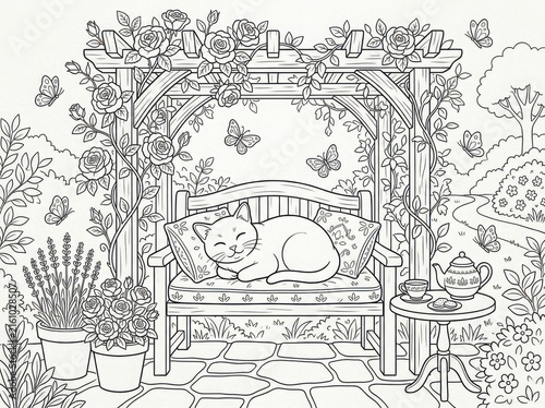A peaceful cat sleeping on a garden bench under a rosecovered pergola with butterflies, tea, and potted flowers in a serene outdoor setting, coloring page style