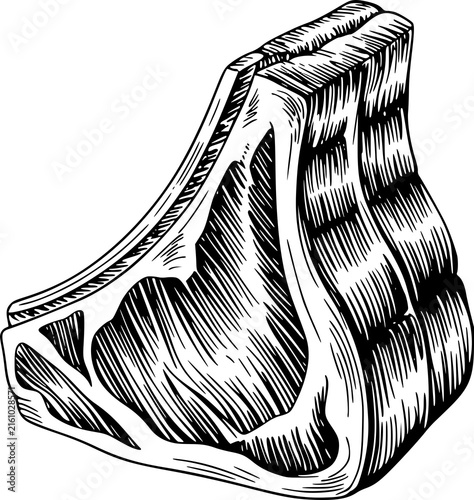 A detailed black and white ink of a raw piece of beef steak isolated on a white background