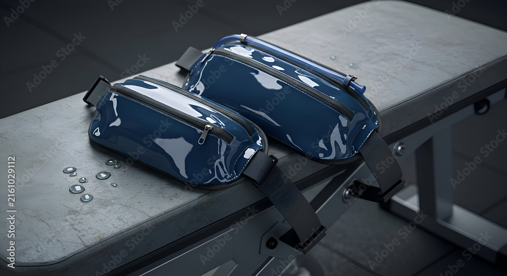 Naklejka premium Navy blue glossy water-resistant fanny packs on a grey concrete gym bench. Stylish, functional accessories for fitness enthusiasts.