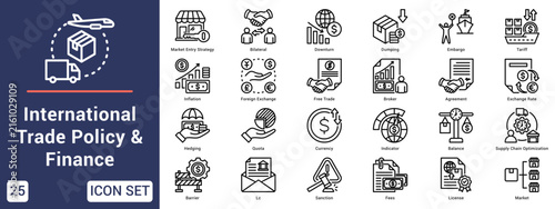 International Trade Policy & Finance  Icon set collection. Vector icon pack featuring thematic icons for your presentations or business.
