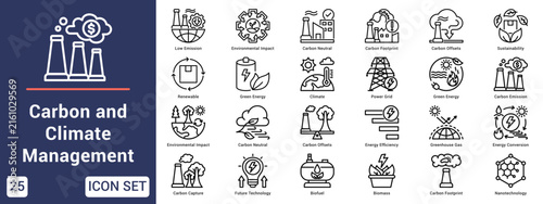 Carbon and Climate Management  Icon set collection. Vector icon pack featuring thematic icons for your presentations or business.