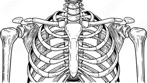 Quadro su tela Detailed anatomical of the human rib cage, sternum, and shoulders in a classic v