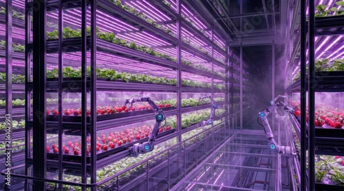 Vertical farm shelves with specialized purple LED growth lights.