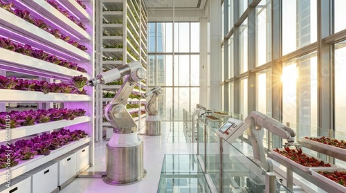 Vertical farm using robotic arms for automated plant harvesting