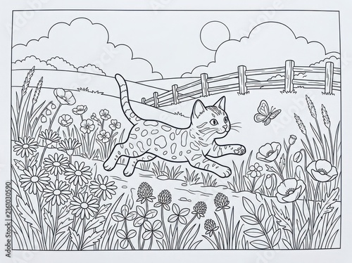 Whimsical illustration of a cat chasing a butterfly through a flower garden near a fence