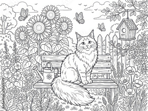 Charming handdrawn illustration of a fluffy cat sitting amidst a lush garden of daisies and butterflies