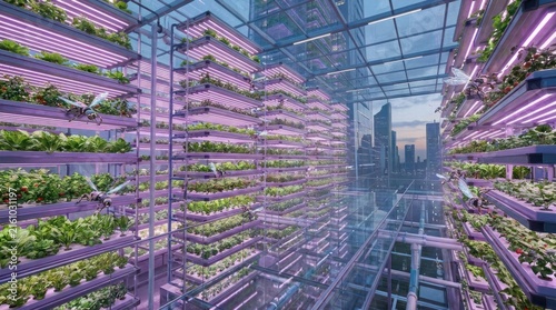 Vertical hydroponic farm inside high-tech glass tower.