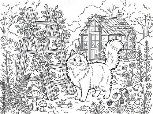 A fluffy longhaired cat standing in a beautiful garden with a wooden ladder covered in climbing roses and a small greenhouse in the background