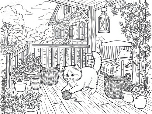 Whimsical cottage garden scene with blooming flowers and a curious cat on the porch