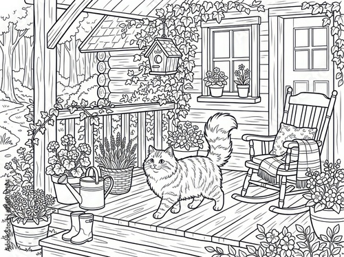 A cozy coloring page featuring a fluffy cat walking on a wooden porch of a rustic cabin, surrounded by potted flowers, a rocking chair, and a birdhouse