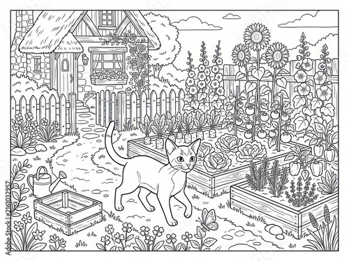 A charming coloring page featuring a cute cat walking through a lush vegetable garden in front of a cozy cottage with sunflowers and blooming flowers