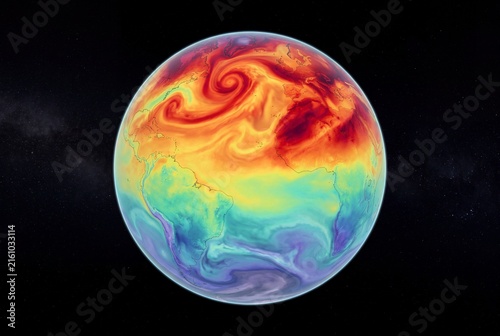 Global climate visualization showing atmospheric temperature patterns across the earth