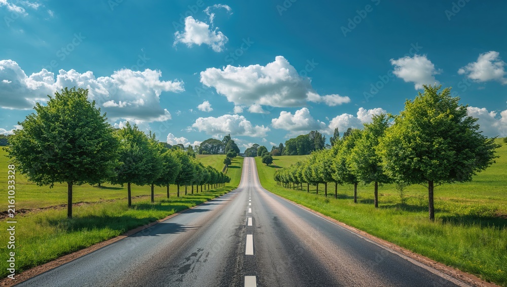 Fototapeta premium Scenic Tree-Lined Road Leading into Rolling Green Hills under a Blue Sky
