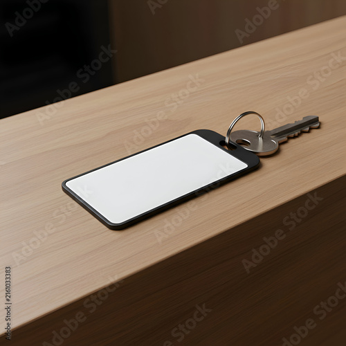 Blank black keycard on light wooden surface. Empty keycard with attached key rests on a light brown wooden counter.
