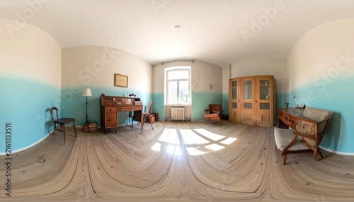 Vintage Home Office Panorama with Wooden Furniture, Desk, Chair, and Cabinet