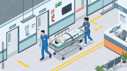 Isometric Hospital Corridor Vector of Medical Staff Pushing Patient on Gurney to Emergency ICU Room