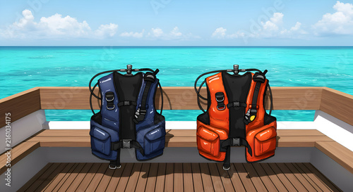 Two scuba diving buoyancy control devices, blue and orange, hanging on a wooden deck railing overlooking turquoise ocean water. Relaxed scuba equipment with a tropical background.