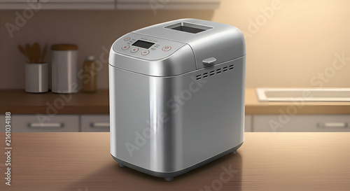 Modern silver bread maker on a kitchen counter. Stylish, functional appliance sits on a light brown wooden countertop in a bright kitchen setting.