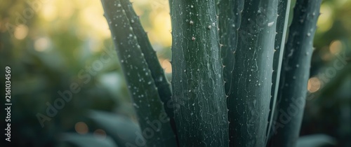Closeup of Aloe Vera Plant Leaves with Water Drops in Soft Natural Light