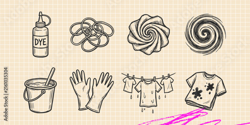 Hand drawn vintage black ink scribble doodle vector set of tie dye fabric coloring and handmade crafts icons for creative graphic design