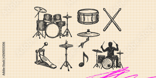 Hand drawn vintage black ink scribble doodle vector set of drum kit percussion music rhythm and acoustic concert icons for creative graphic design