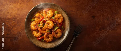 Obraz  z motywem Spicy Shrimp Stir-Fry in a Bowl with Fresh Peppers and Onions