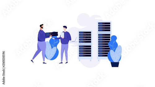 Flat vector illustration of IT specialists installing hardware servers in a data center. Concept of cloud database management, network hosting, server maintenance, and technology.
