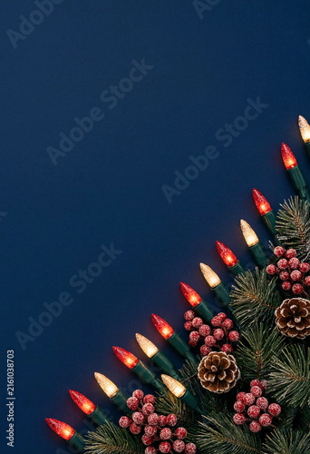 Christmas festive background with pine branches, red berries, pinecones and glowing lights