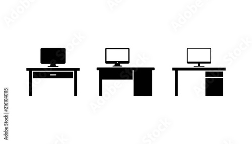 Foto Office desk and computer workstation icon set with different table designs drawe