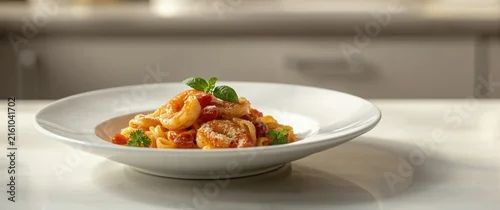 Obraz  z motywem Shrimp Pasta Dish Served on a White Plate in a Modern Kitchen Setting