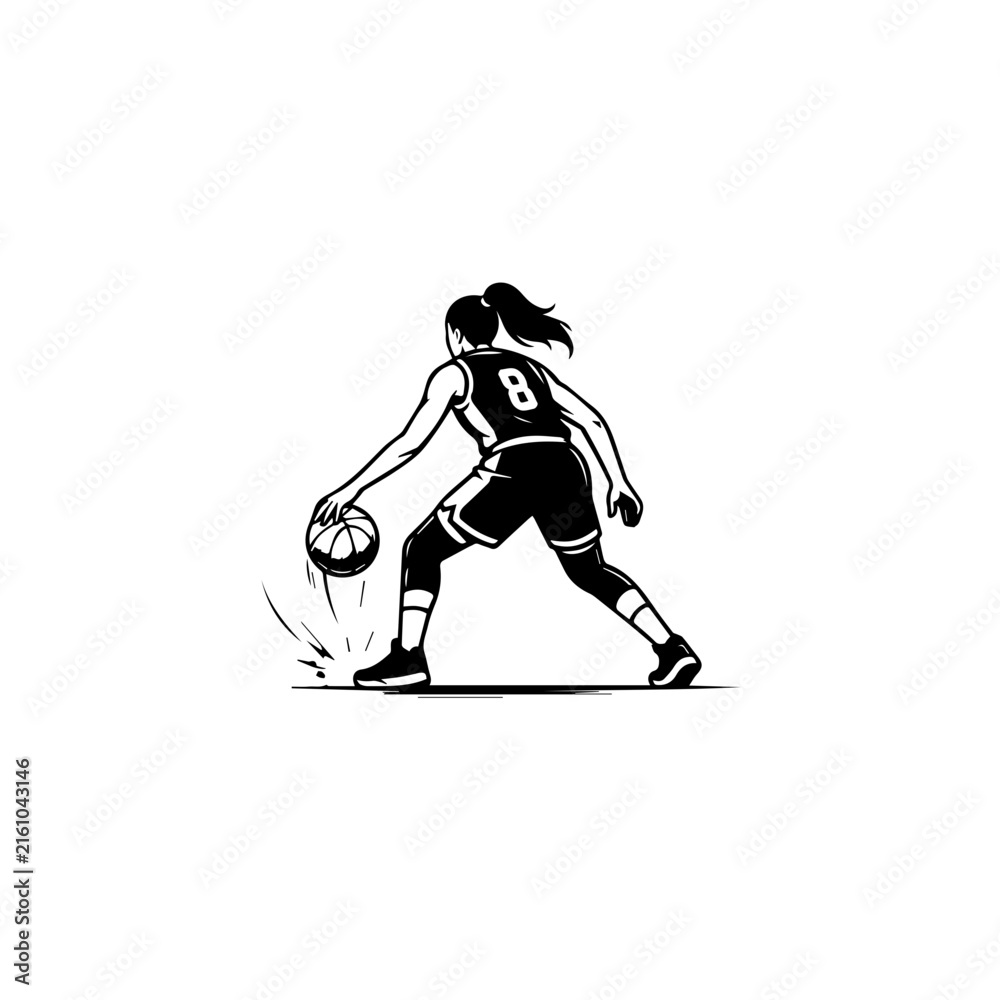 Fototapeta premium Female basketball player dribbling ball in a sports game illustration