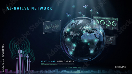Ai-native network concept displaying glowing communication towers and planet earth data dashboard with communication technology intelligence