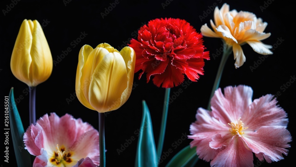 Fototapeta premium Colorful Flowers Arrangement Against a Black Background in Closeup View