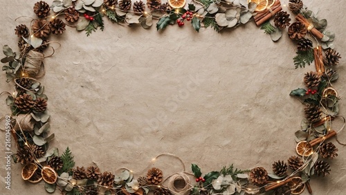 Natural Pinecone and Dried Fruit Christmas Wreath Frame on Rustic Paper Background