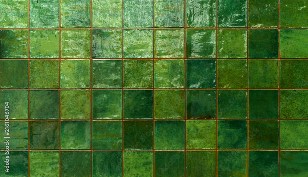 Fototapeta premium Green ceramic tile background. Old vintage ceramic tiles in green to decorate the kitchen or bathroom
