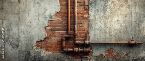 Exposed Brick Wall with Rusty Pipes and Cracked Concrete Texture