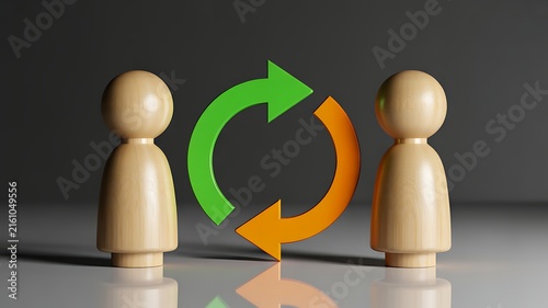 Business collaboration concept with wooden figures and circular arrows representing communication and exchange