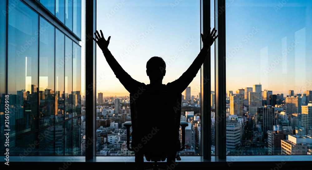 Fototapeta premium Rear view silhouette of a businessman with arms raised in victory looking at a modern city