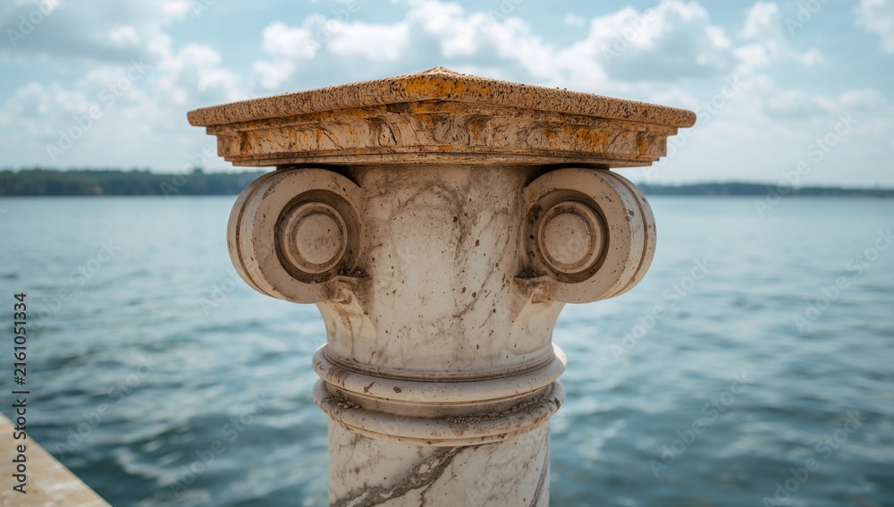 Fototapeta premium Elegant Marble Column by Water with Calm Reflections and Partly Cloudy Sky