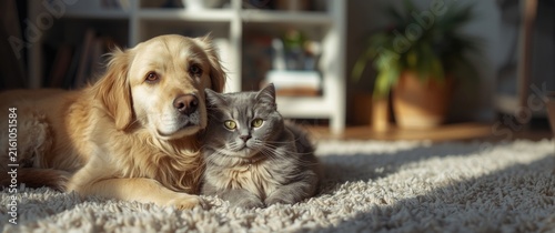 Golden Retriever and Gray Cat Relaxing Together on a Cozy Carpet in a Sunlit Living Room
