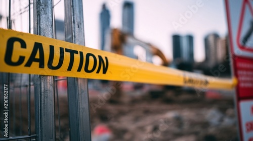Yellow caution tape secured on a chain-link fence at an active construction site with excavators and city skyline in the