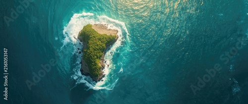 Aerial View of Lush Green Island Surrounded by Turquoise Ocean Waves