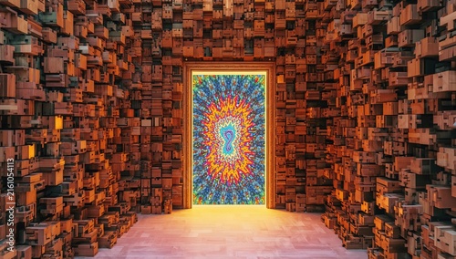 Abstract Portal Opening into Colorful Psychedelic Space Surrounded by Wooden Boxes