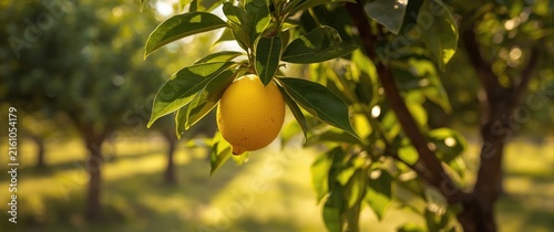 Ripe Lemon Hanging from a Tree in a Sunlit Orchard