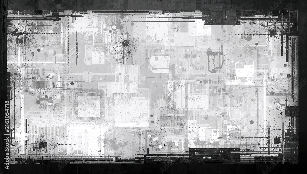 Fototapeta premium Abstract Grayscale Circuit Pattern with Textured Surface and Random Shapes